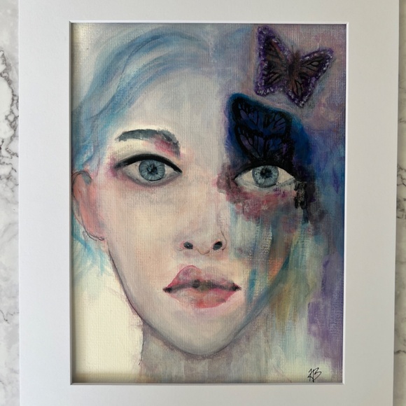 Falling or Flying - Abstract Watercolor Painting of Womans Face with Butterflies - Picture 3 of 12